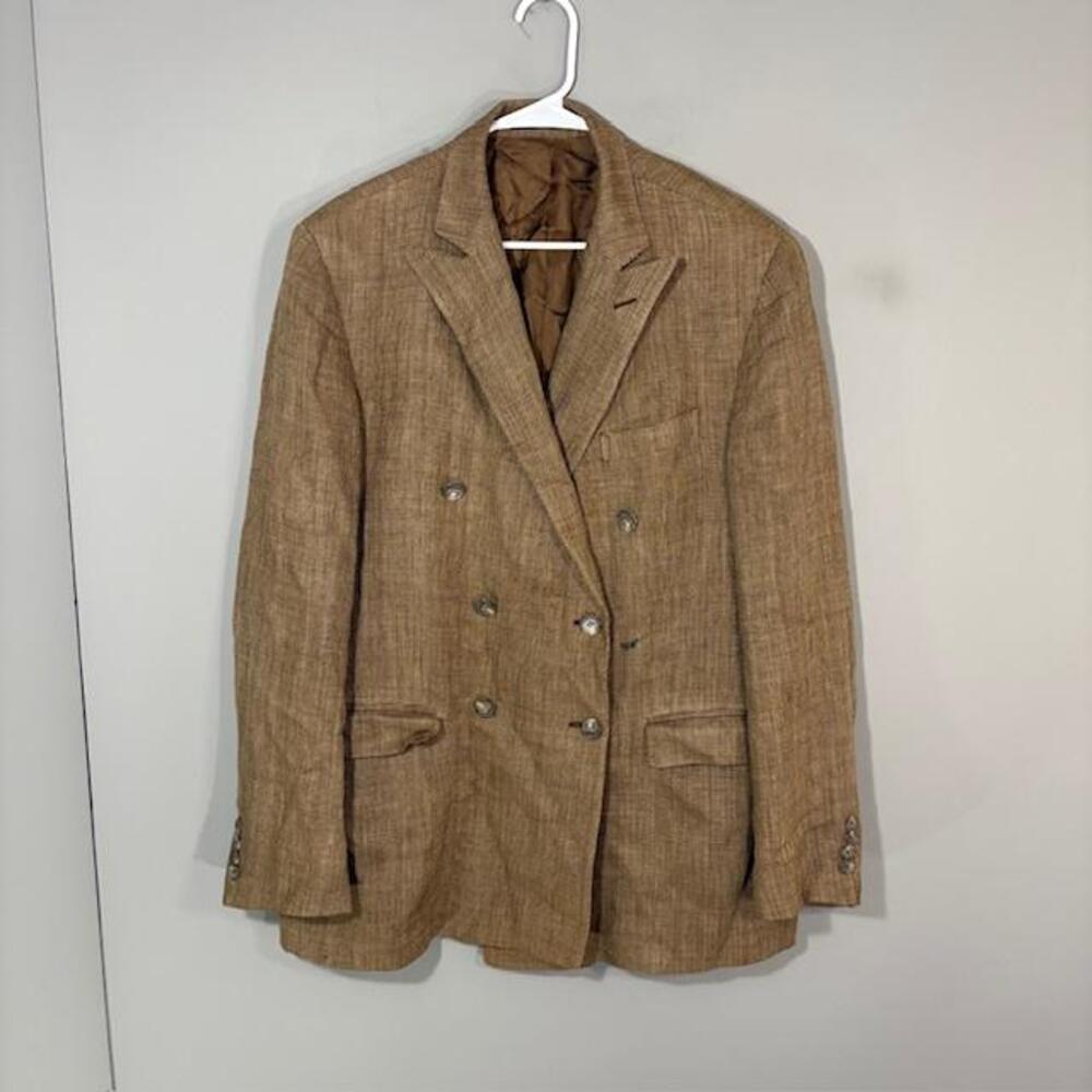 Polo By Ralph Lauren Blazer Mens 46L Brown Silk Linen Check Sport Coat Italy